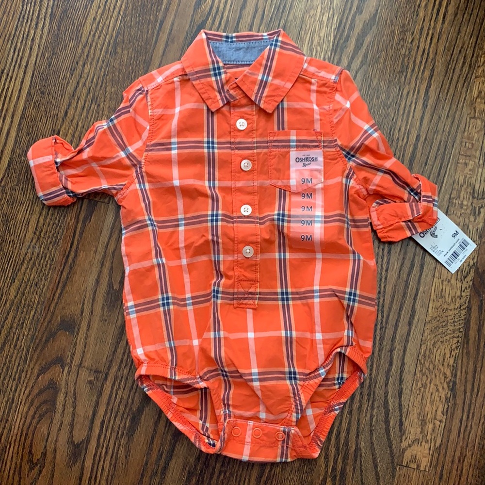 Plaid orange button down baby onesie 9-12m